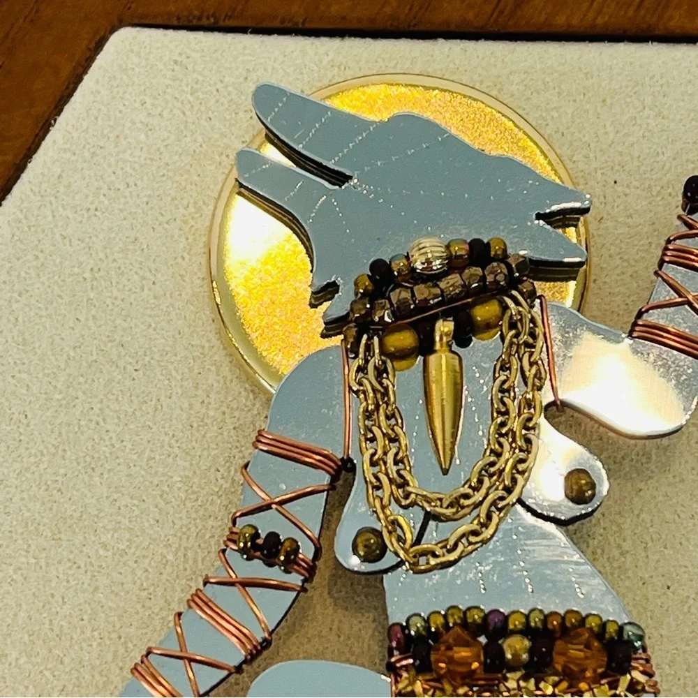 Vintage Liztech ‘94 Dancing Wolf Shaman Mirrored Brooch with Copper Wire Detail